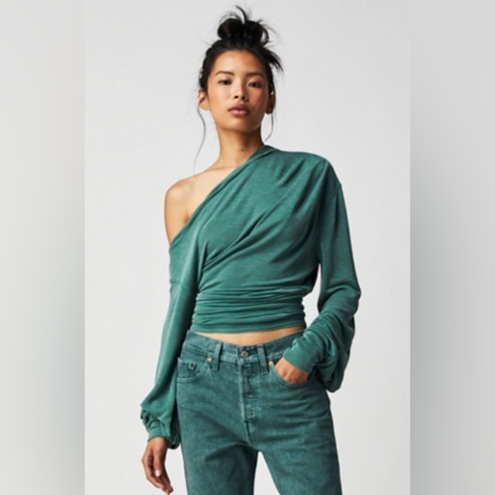 Free People Teal One-Shoulder Crop Top